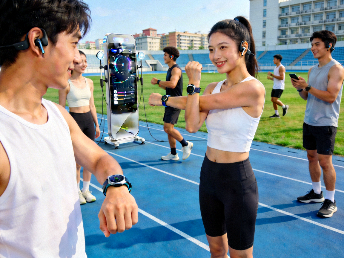 某大学智慧体育项目实景 - 学生使用智能设备进行锻炼